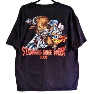 2008 Sturgis Bike Week Rally Bull Flames Both Side Graphics Black TShirt Mens XL